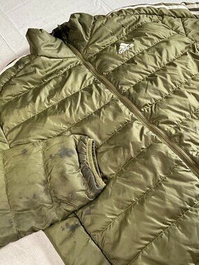 adidas Unisex Olive Quilted Puffer Full Zip Distressed Goose Down Jacket (Large)